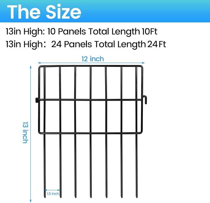 10 Pack Animal Barrier Fences, 1.5" Gap No Digging Garden Fence Panels, Metals Black Deterrent Fence for Dogs Rabbits, Decorative Fence for Outdoor Landscape Patio Total 10 ft(L)×13 in(H)