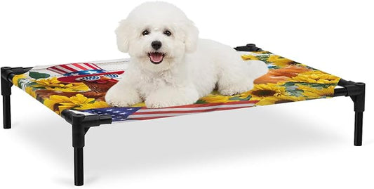 Outdoor Elevated Dog Bed for Medium Dogs, Sunflower Independence Day Breathable Cooling Raised Dog Cot for Indoor/Outdoor, 4th of July Rooster Wooden Waterproof Elevated Pet Beds, M 24 x 20 in