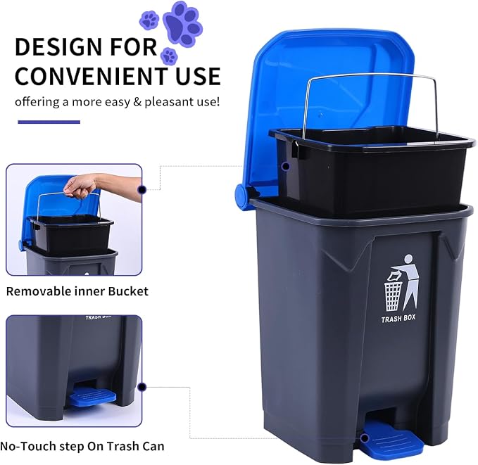 Pooper Scooper 2 Pack with 20 Litre Step Dog Poop Trash Can, 28" Long Handle Dog Poop Scoopers for Large Small Dogs Heavy Duty, Removable Inner Bucket for Outdoors, 50 Waste Bags Included (Blue)
