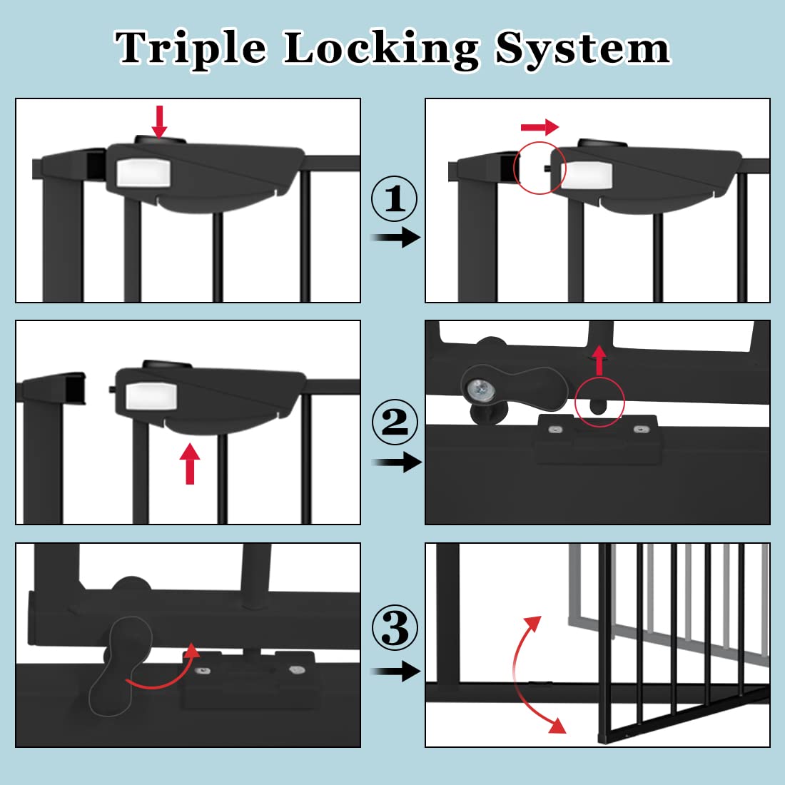 WAOWAO Triple Lock Baby Gate Extra Wide 39.76-43.7" Pressure Mounted Walk Through Swing Auto Close Safety Black Metal Dog Pet Puppy for Stairs,Doorways,Kitchen