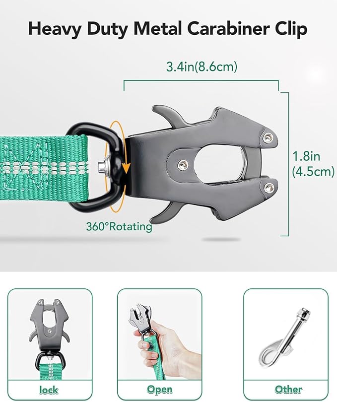 Joytale Tactical Bungee Dog Leash, Shock Absorbing No Pull, Teal | for Large Dogs That Pull, 2 Padded Handles for Control, Car Seatbelt Clip, Reflective for Night Safety, Metal Frog Clip