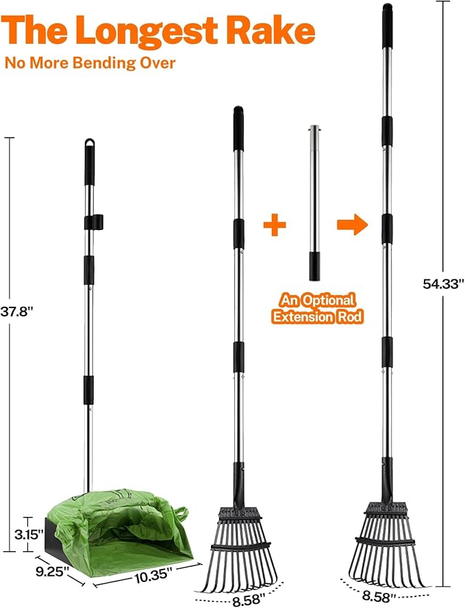 Toozey Dog Pooper Scooper for Large Dogs, Extra Large 54.33" Long Handle | Extra Reach for Taller Users | Less Bending Cleanup | Metal Tray & Rake | Fits Standard 13-Gallon Trash Bags