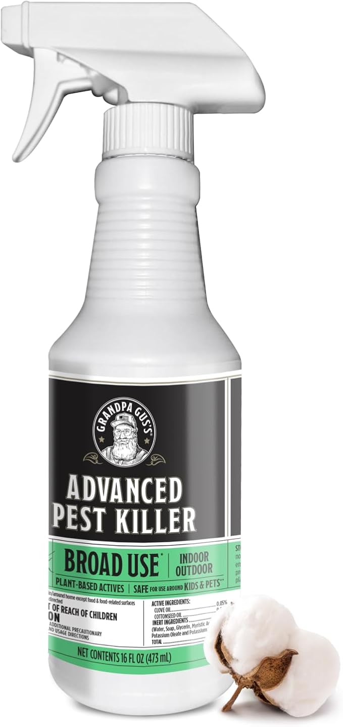 Grandpa Gus's Advanced Pest Killer, Indoor & Outdoor Bug Spray for Home, Ants, Roaches, Flies, Spiders, Fleas, Gnats, Silverfish, Moths & More, Clove & Cottonseed Oil, Kid, Pet Safe, 16 fl oz