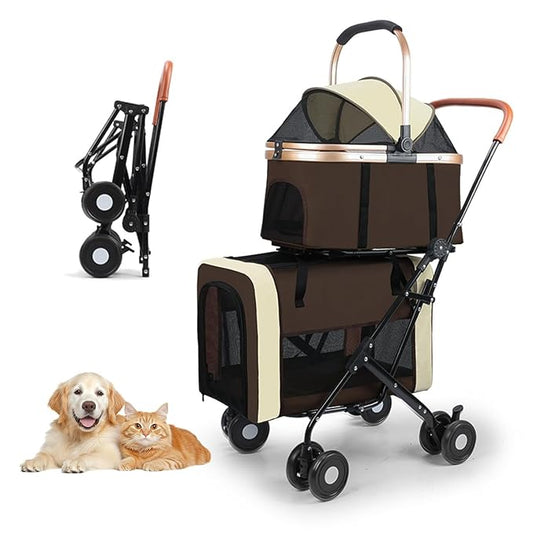 YYW Double Pet Stroller for Small Dogs & Cats - 4 in 1 Foldable Dog Stroller with 2 Detachable Carriers, Lockable Wheels & Safety Belts, Ideal for Multi-Pet Homes Walks & Travel(Brown)