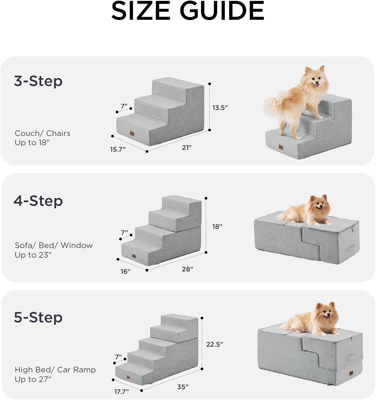 Made4Pets Dog Steps for Bed, Extra Wide Dog Stairs for High Bed Couch Sofa, 35D Foam Pet Steps for Small Dogs and Cats, Non-Slip Bottom Pet Stairs, Light Grey, 4 Steps