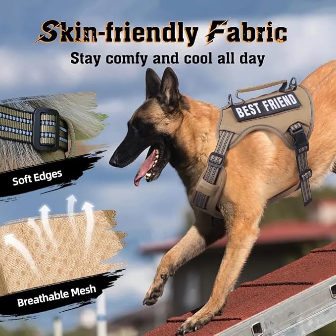 Tactical Dog Harness with Leash for Large Dogs, No Pull Adjustable Dog Harness, Reflective K9 Working Pet Vest for Walking, Training (Khaki, XL)