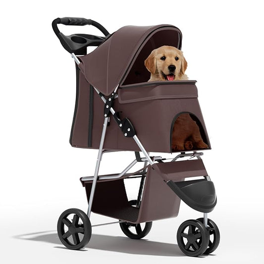 Pet Stroller for Small Dogs 10 lbs, Dog Stroller for Medium Dogs 30 lbs, Cat Strollers for 2 Cats, 3 Wheels Foldable Jogger Puppy Stroller with Storage Basket and Cup Holder, Coffee