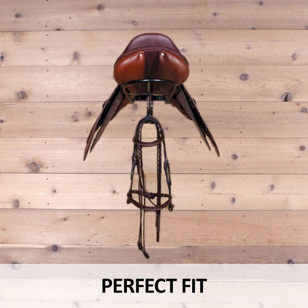 Black English & Western Saddle Rack | Organize Tack Room | Sleek and Durable | PVC Coated Steel | Mounts Easily | Includes Hook to Hold a Bridle, Helmet or Other Items