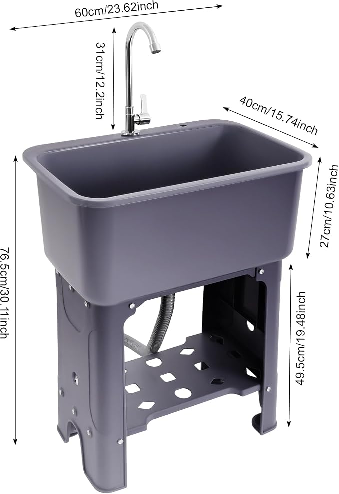 Freestanding Plastic Utility Sink with Hose Hook Up Gray | 110.23 lbs Load Capacity, 360° Swivel Faucet, Includes Washboard, Bottom Storage Board, Suitable for Garages and Gardens
