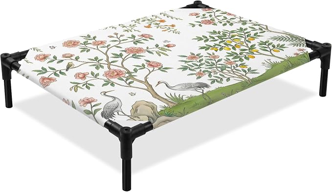 Outdoor Elevated Dog Bed for Large Dogs, Pink Flowers Breathable Cooling Raised Dog Cot for Indoor/Outdoor, Trees Weeping Spring Floral Birds Waterproof Elevated Pet Beds, L 28 x 22 in