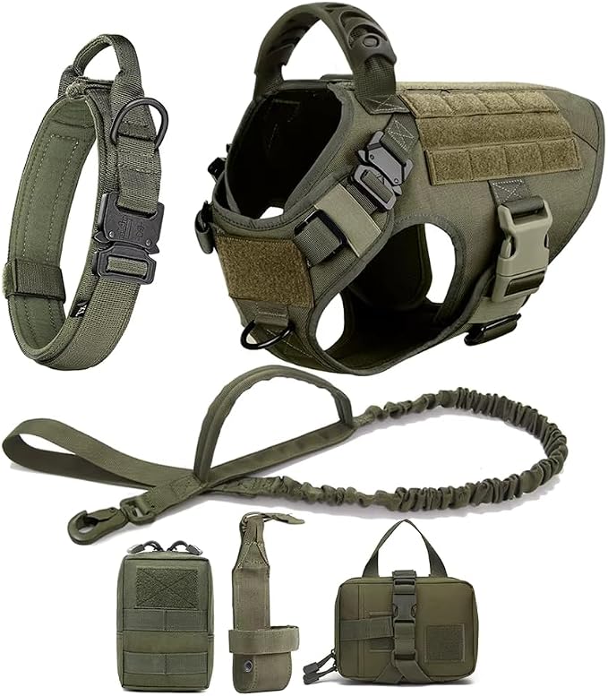 WAYO Dog Harness and Leash Set 6 Items - Military Tactical Vest with Collar for German Shepherd, Malinois, No Pull Training Walking Harness with Adjustable Straps (S/M/L/XL) (Green, S)