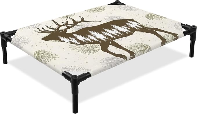 Outdoor Elevated Dog Bed for Medium Dogs, Brown Moose Breathable Cooling Raised Dog Cot for Indoor/Outdoor, Trees Pine Cones Elegant Pastoral Waterproof Elevated Pet Beds, M 24 x 20 in