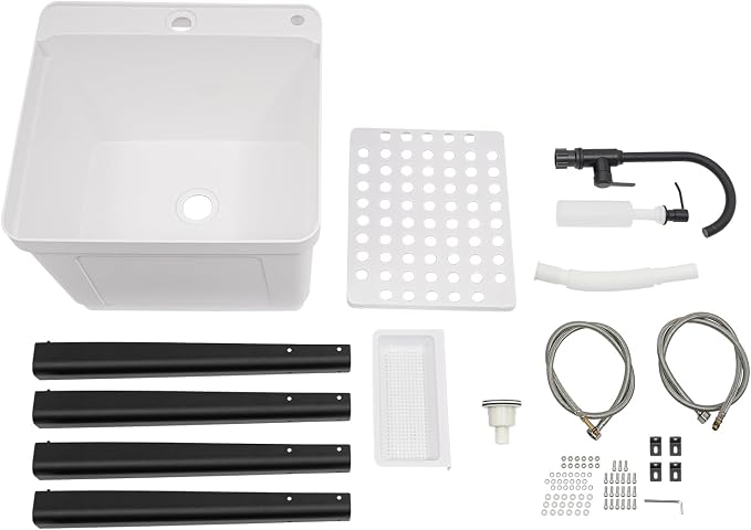 Tall Freestanding Plastic Utility Sink with Hose Hook Up White | 360° Rotating Hot and Cold Faucet, Built-in Soap Box and Soap Dispenser, Bottom Storage Rack, Four Iron Support Feet