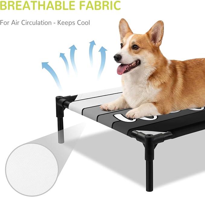 Outdoor Elevated Dog Bed for Medium Dogs, Black Wooden Grain Breathable Cooling Raised Dog Cot for Indoor/Outdoor, Gradient Farmhouse Wood Plank Waterproof Elevated Pet Beds, M 24 x 20 in