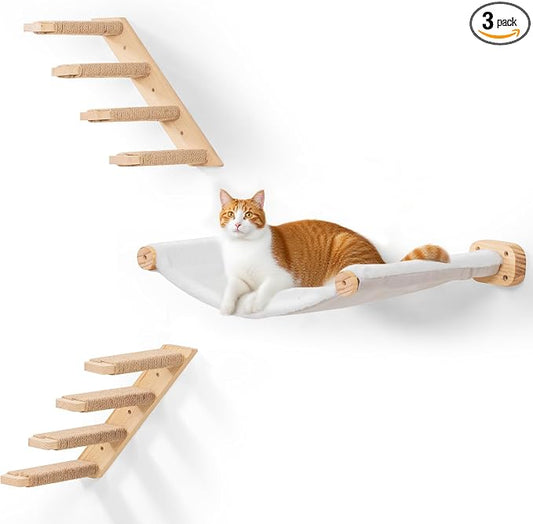 Cat Scraching Post Wall Shelves Set of 3 –1 Floating Fabric Hammock, 2 Cat Wall Ladders with 4 Steps EachWall Mounted Bed Furniture & Climber for Large Cats, Indoor Wall Playground