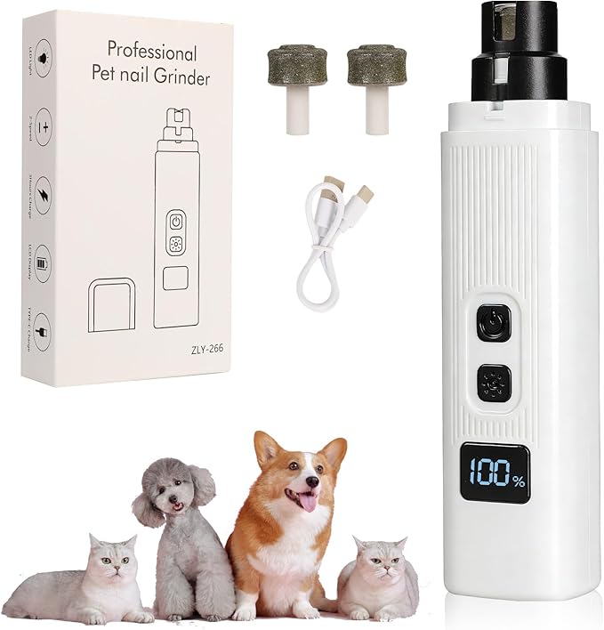 Cat Nail - Safe Cut Cat Nail Trimmer with Three Grinding Heads, Pet Nail Clippers with Light, Two Adjustable with 360° Grinding Settings, Ultra-Quiet, for All Cats ＆ Dogs (White)