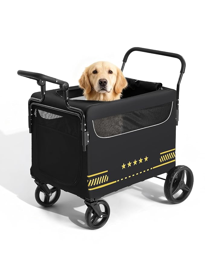 All Terrain Pet Stroller for Medium & Large Dogs with Ramp | Foldable Dog Stroller with Brakes, 3 Entrances, Dual Adjustable Handles with Reversible Push, 160lbs Weight Capacity