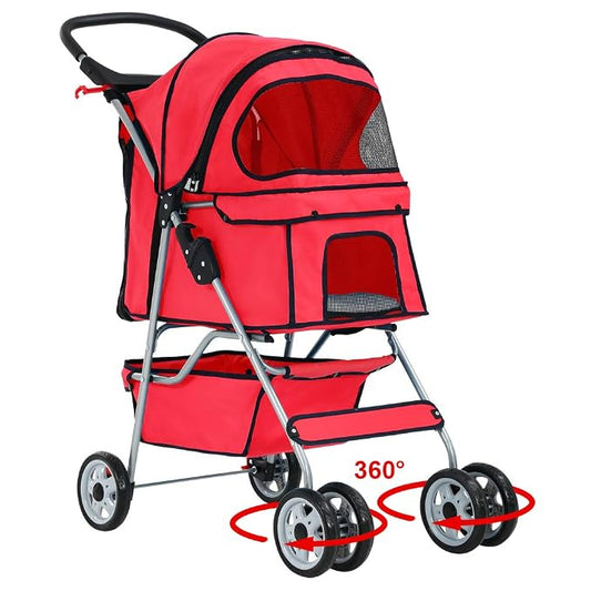 Pet Stroller Pet Carrier Dog Stroller Cat Stroller Folding Lightweight 4 Wheels Jogger Stroller with Storage Basket and Cup Holder
