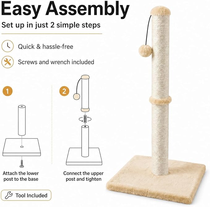 Dimaka 34" Height Tall Cat Scratching Post, Claw Scratcher with Sisal Rope and Covered with Soft Smooth Plush, Vertical Scratch [Full Strectch] (Light Brown, 34 inches for Large Cats)