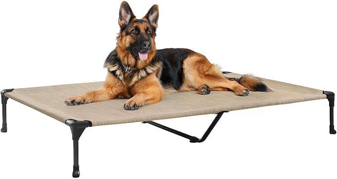 Veehoo Outdoor Elevated Dog Bed Large Sized Dogs, Cooling Raised Dog Cots | Off-ground training platform, portable camping hammock, breathable mesh, easy to clean, no-tool setup, 49"x33", Beige Coffee