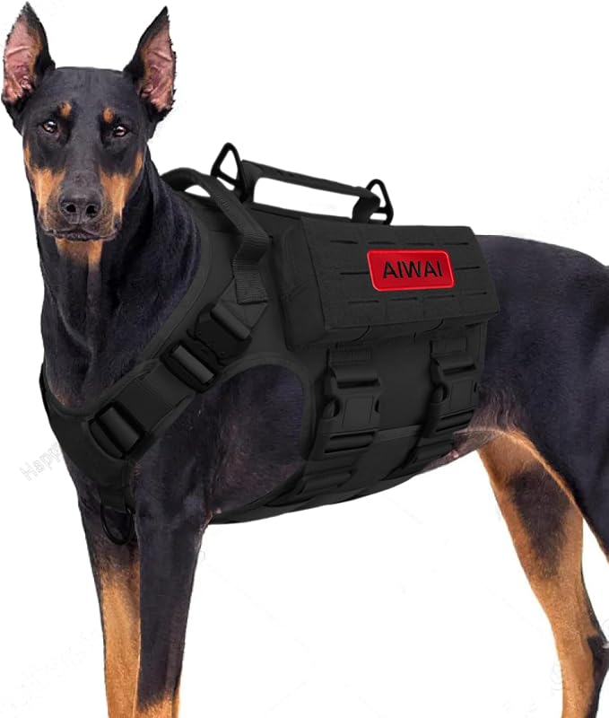 AIWAI Tactical Dog Harness with Handle for Large Dogs,2X Metal Buckle, Dog MOLLE Vest with Pockets,No Pull Adjustable Pet Harness, Easy Control Dog Vest Harness for Working Training (Black, Large)