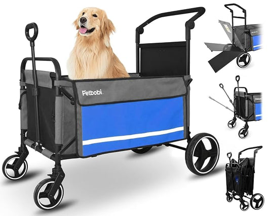 Petbobi Dog Wagon for Large Dogs, Push & Pull Foldable Pet Cart with Ramp | Fits Medium & Heavy Breeds Up to 80 lbs, 360° Swivel Stroller Wheels, Adjustable Handle, Foot Brake, Safety Leashes, Blue