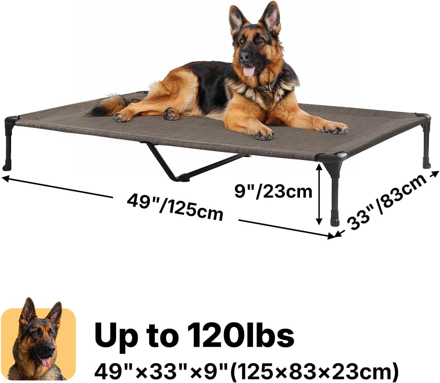 Veehoo XL Outdoor Elevated Dog Cot Bed, Cooling Raised Pet Bed, Washable Breathable Mesh Hammock Bed with No-Slip Feet, Indestructible Ground Off Training Platform Cot-49"x33" Brown