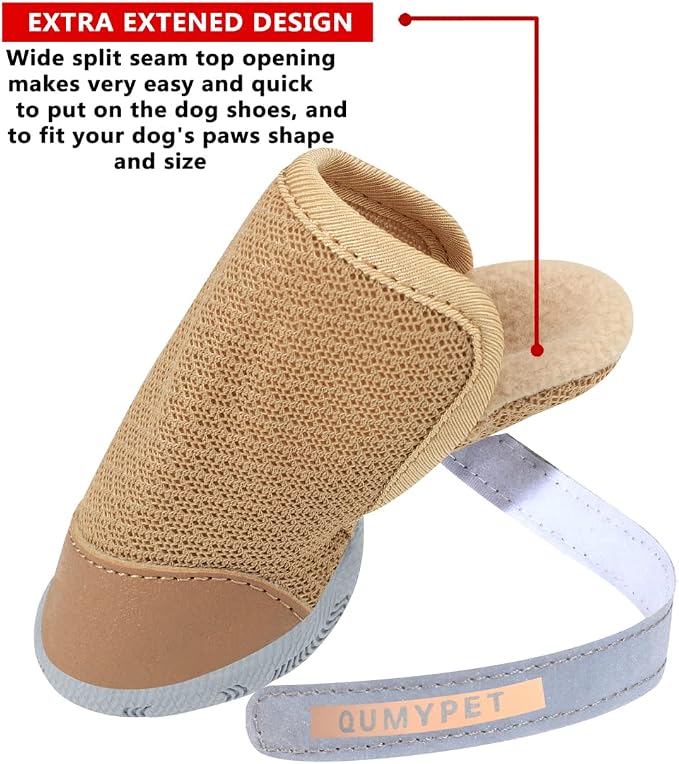QUMY 4PCS Dog Shoes for Small Dogs, Hot Pavement Summer Puppy Dog Boots & Paw Protectors with Soft Anti-Slip Rubber Sole, Mesh Breathable Dog Booties for Hardfloors, Walking Running Khaki Size 1