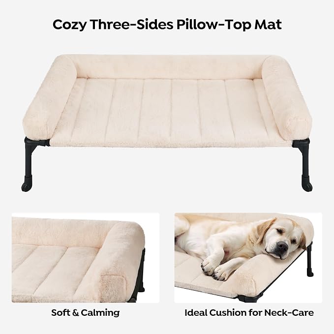 Veehoo Elevated Dog Beds Large Sized Dog with Fluffy Plush Bolster Cushion | Orthopedic Raised Dog Beds for Indoor Outdoor, Soft Pet Sofa Cot with Removable Washable Mat, No-Slip Feet, 49" x 33", White