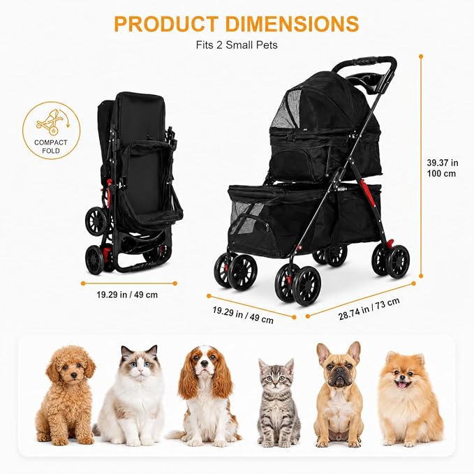 Double Pet Stroller for 2 Cats & Dogs, 2-in-1 Cat & Dog Stroller, Lightweight Foldable Travel Cart with Cup Holder & Brake Cat Strollers for 2 Cats, Dog Strollers for 2 Small Dogs