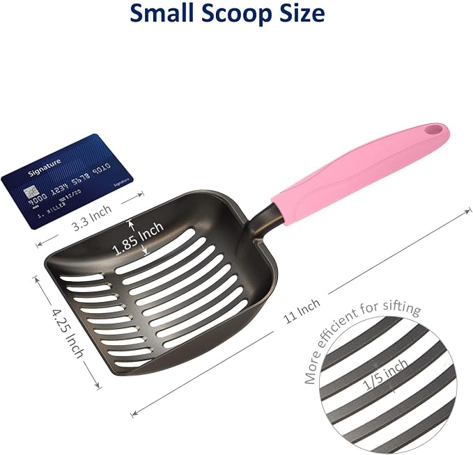 Cat Litter Scoop, Non-Stick Plated Aluminum Alloy Sifter, Kitty Durable Metal Scooper, Deep Shovel, Long Handle, Kitten Pooper Lifter, Size Medium, Coated Black Body with Pink Handle