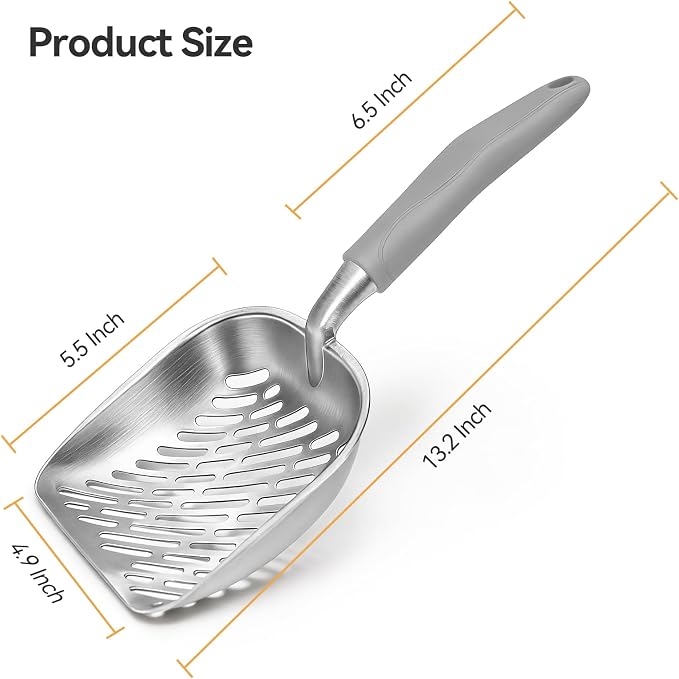 Cat Litter Scoop, Large Long Handle Kitty Metal Scooper | Heavy Duty Aluminum Deep Sifter, Ergonomic Non-Slip Grip, Rustproof Durable Poop Cleaner for Cat Litter Box