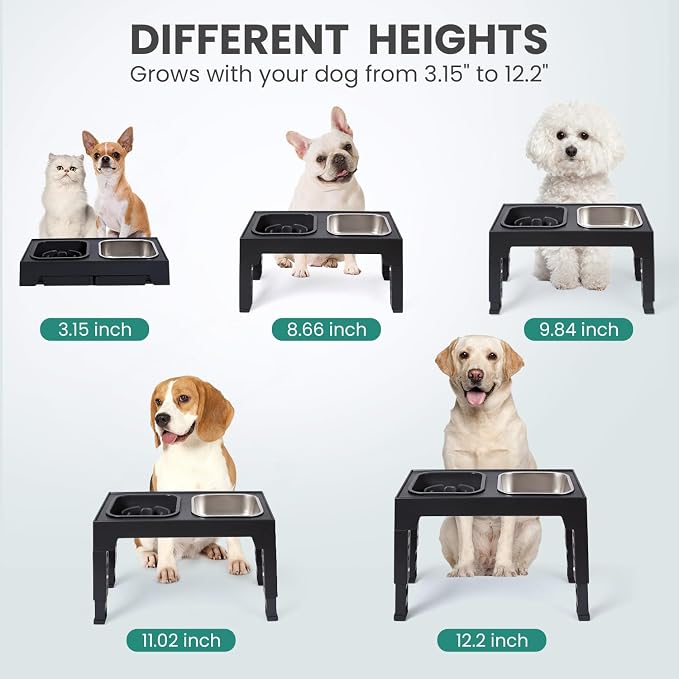 Elevated Dog Bowls, with Slow Feeder Bowl and Stainless Steel Dog Food Bowl, Raised Dog Bowls Adjusts to 5 Heights (3.15", 8.66", 9.84",11.02", 12.2") for Small Medium and Large Dogs