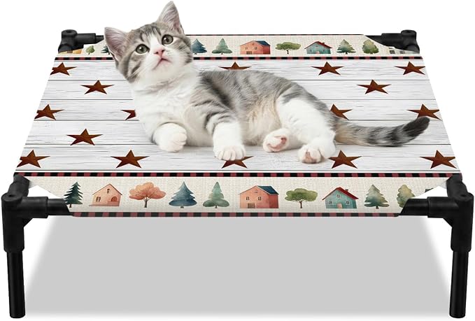 Outdoor Elevated Dog Bed for Small Dogs, Farmhouse Star Wooden Breathable Cooling Raised Dog Cot for Indoor/Outdoor, Trees Grey Wooden Waterproof Elevated Pet Beds, S 20 x 20 in