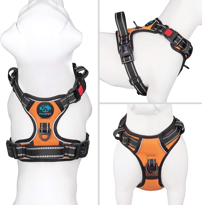 No Pull Dog Harnesses for Small Dogs Reflective Adjustable | Front Clip Vest with Handle 2 Metal Rings 3 Buckles [Easy to Put on & Take off] (S, Orange)