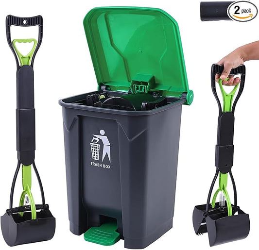 Pooper Scooper 2 Pack with 20 Litre Step Dog Poop Trash Can, 28" Long Handle Dog Poop Scoopers for Large Small Dogs Heavy Duty, Removable Inner Bucket for Outdoors, 50 Waste Bags Included (Green)