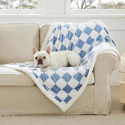 Ohocut Checkered Dog Blanket, Blue Jacquard Sherpa Blankets for Small Dog and Cats, Cute Aesthetic Style Fluffy Fleece Pets Blanket for Couch Protection Washable, 30"x40"