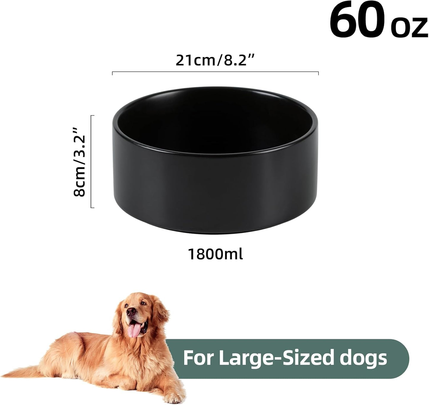 Non-Slip 8.2inch Ceramic Dog Food and Water Bowl for Large Breed Dogs, Pet Bowl for Replacement (Single Bowl, Black)