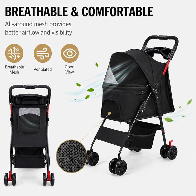 Dog Stroller for Small Dogs, Pet Stroller with 4 Wheels, Foldable Dog Strollers for Small Dogs & Cats, Cat Stroller with Storage Basket, Breathable Mesh, 360° Wheels & Rear Brakes Grey