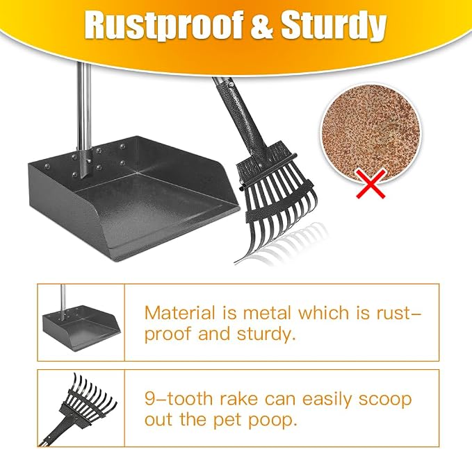 Larger Pooper Scooper for Large Dogs, Dog Pooper Scooper for Large Medium Small Dogs Long Handle Stainless Metal Tray and Rake Set Heavy Duty (Pack of 2)