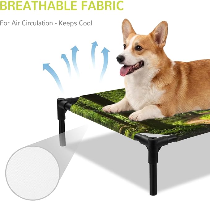 Outdoor Elevated Dog Bed for Medium Dogs, Green Forest Breathable Cooling Raised Dog Cot for Indoor/Outdoor, Retro Rustic Natural Scenery Trees Waterproof Elevated Pet Beds, M 24 x 20 in