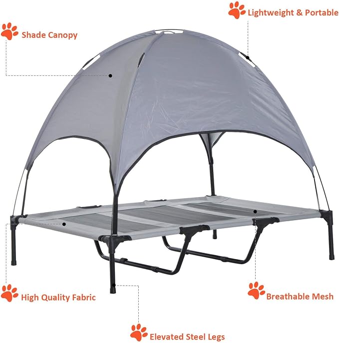 PawHut Elevated Dog Bed with Removable Canopy, 48 inch, Gray | Large Pet Bed, Outdoor Dog Cot, UV Protection Shade, Camping
