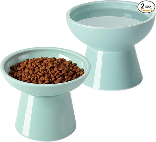 LoeJan Elevated Cat Food and Water Bowls Set, Extra Wide and Raised Ceramic Feeder, Anti-Vomit Whisker-Free Pressure Feeding Bowl for Kittens Adult Small Dogs, Blue