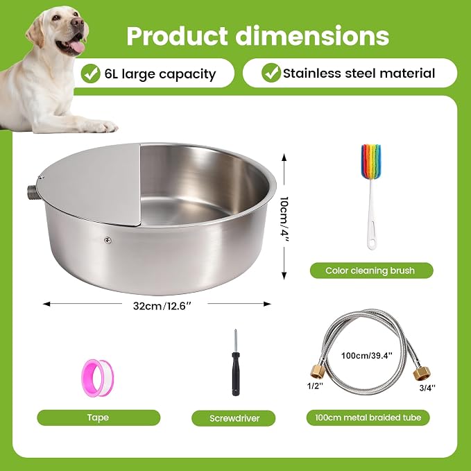 Automatic Dog Water Bowl Dispenser Large Breed Outdoor Pet Water Fountain with Float Valve 6.5L Heavy-Duty Stainless Steel Auto Waterer for Large Dogs Cats Puppy Chicken (1 Drinking Port)