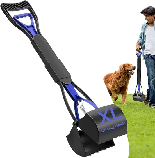Pooper Scooper,Dog Pooper Scooper,Pooper Scooper for Large Dogs,Folding Dog Poop Scooper, 28" Long Handle No-Bend Cleanup,with Durable Spring,Works on Grass/Dirt/Gravel & More Surfaces (Blue)