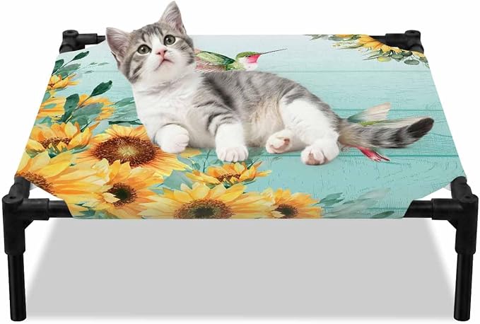 Outdoor Elevated Dog Bed for Small Dogs, Sunflowers Breathable Cooling Raised Dog Cot for Indoor/Outdoor, Spring Botanical Flowers Birds Turquoise Wooden Waterproof Elevated Pet Beds, S 20 x 20 in