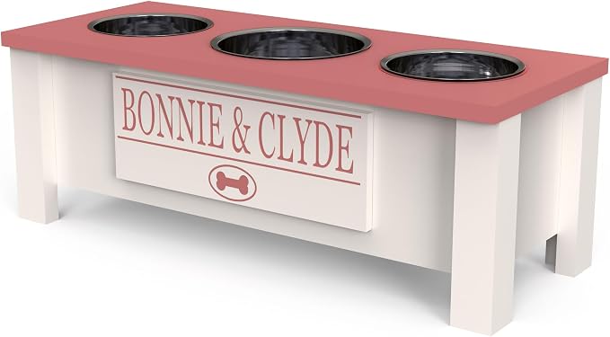 3 Bowl Dog Feeding Station, Personalized Triple Bowl Food Stand Medium Dogs | Farmhouse Style, Elevated Wood Stand, Storage Container, Stainless Steel Bowls, Raised Anti-Slip Feeder, Made in USA