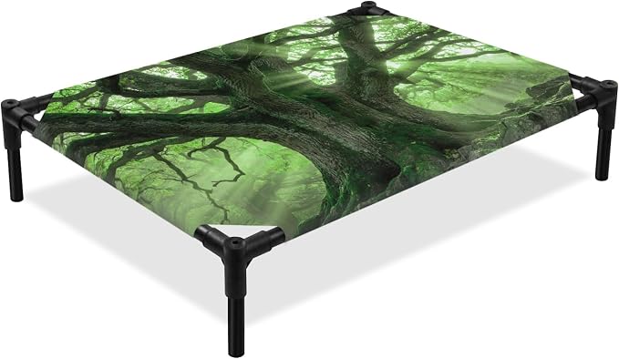 Outdoor Elevated Dog Bed for Medium Dogs, Green Trees Breathable Cooling Raised Dog Cot for Indoor/Outdoor, Sunlight Forest Branches Nature Scenery Waterproof Elevated Pet Beds, M 24 x 20 in