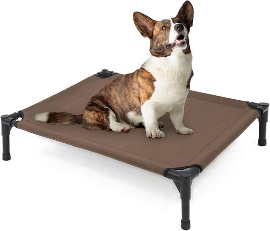 Garnpet Elevated Dog Bed for Small Dogs, Raised Dog Cot Fits Up to 150 LBs, Heavy Duty Pet Cots with Durable Supportive Teslin Recyclable Washable Mesh, Indoor & Outdoor Pet Bed, Brown