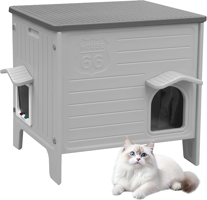 Outdoor Cat House Weatherpoof Large Plastic Cat Shelter Outside | with Escape Door Indoor Waterproof Feral/Pet Cat Houses for Multiple Cats (Grey)